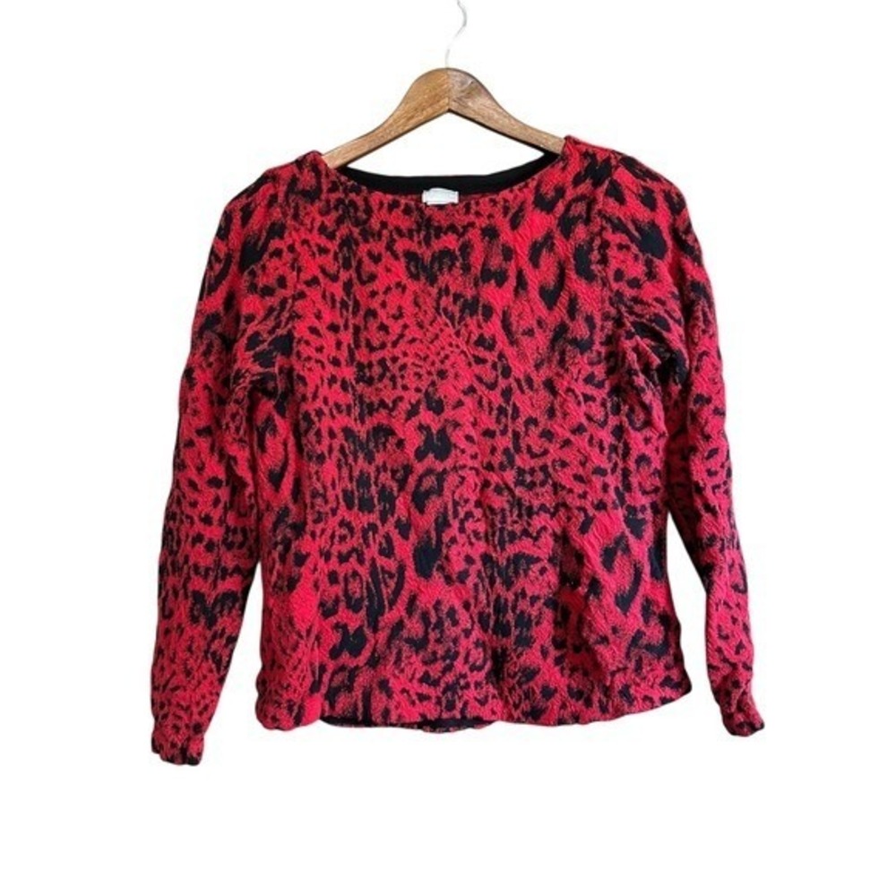 Chico's Red Leopard Print Textured Knit Top Blouse Size 1 (M) Long‎ Sleeve